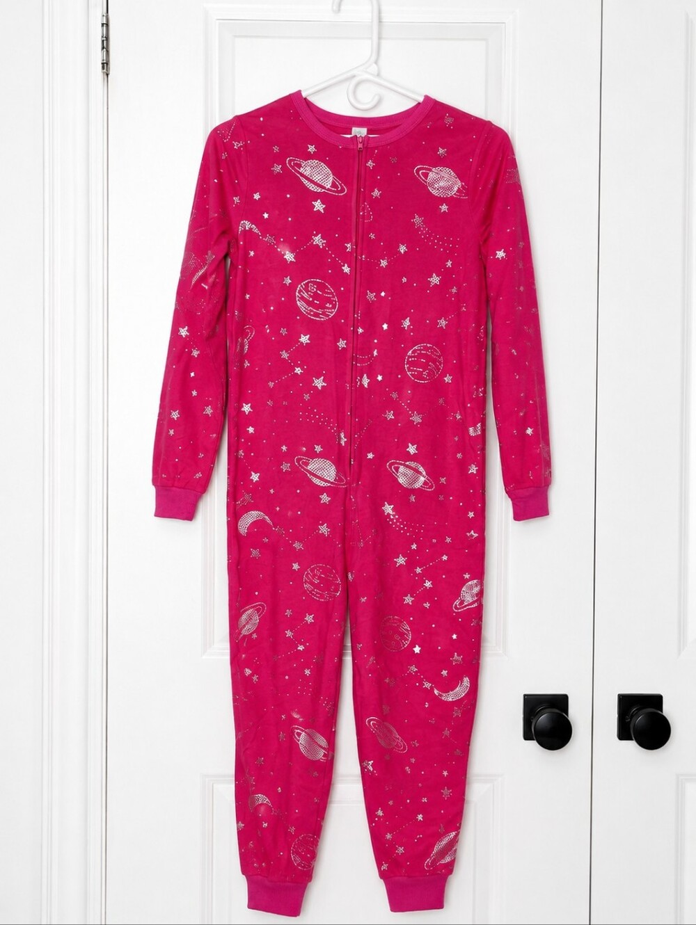 Girl's Onsie/Blanket Sleeper, Hot Pink, Galaxy Theme, Large (10-12)